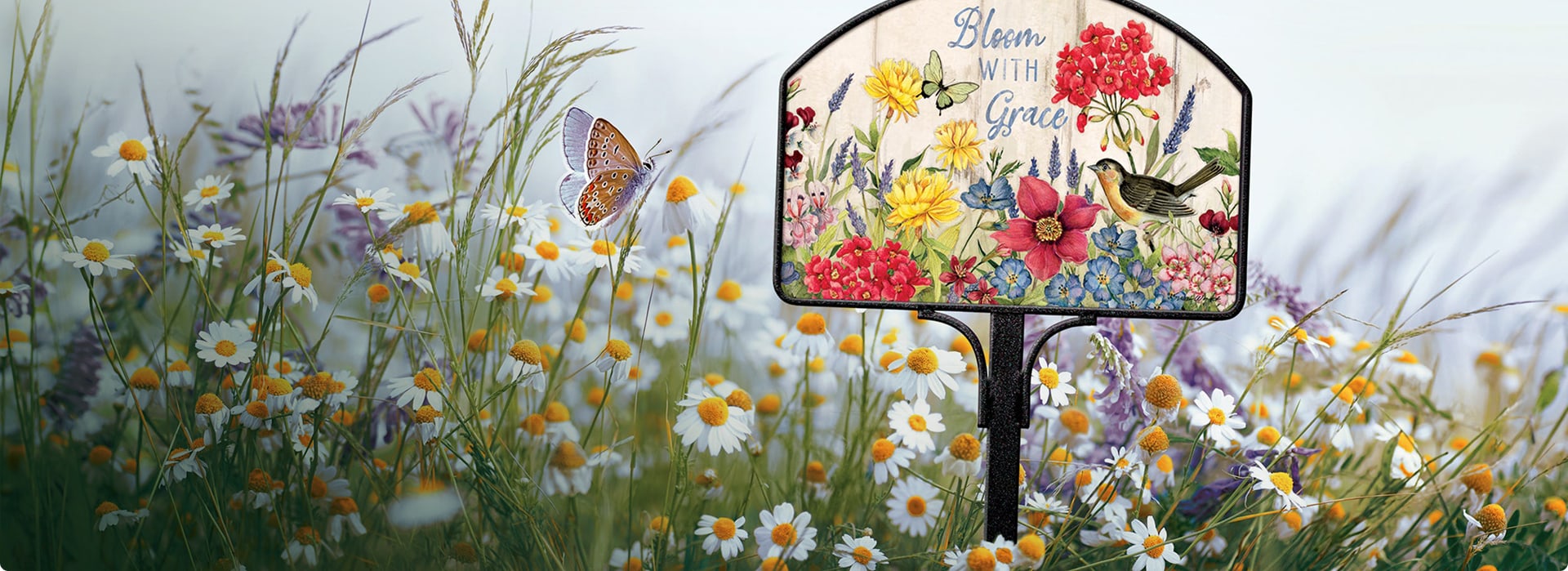 Studio M Spring Garden Decor featuring colorful flowers and yard sign