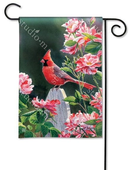 Cardinal with Variegated Roses Garden Flag